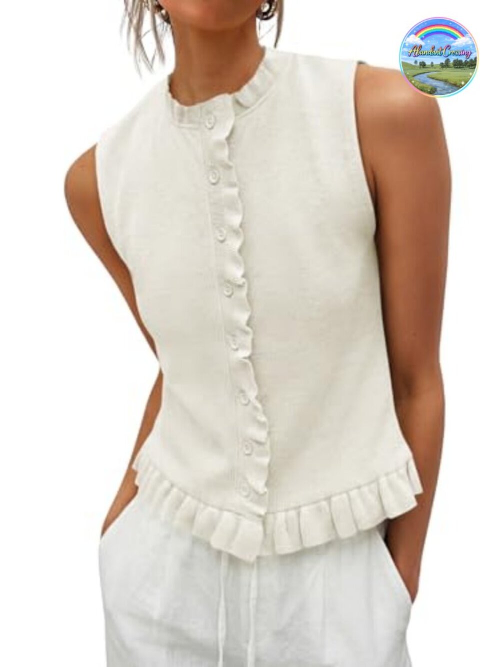 Saodimallsu Womens Sleeveless Sweater Vest Ruffle Tank Top Button Down Ribbed